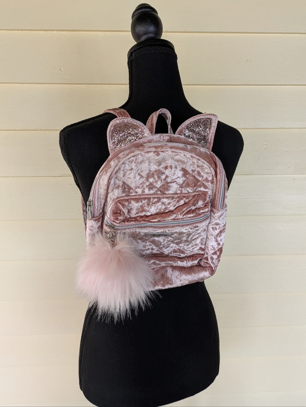 Justice Velvet Cat Ear Mini Backpack with Faux Fur Pom